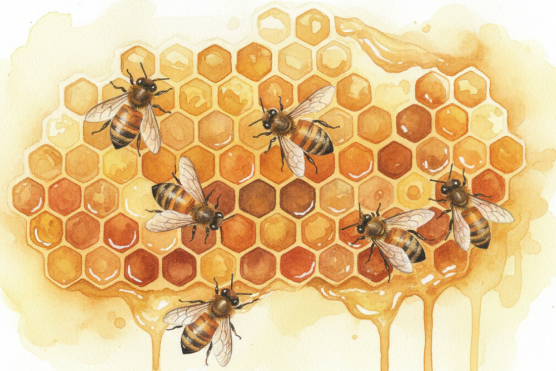 honeycomb with bees watercolor